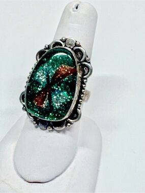 Handcrafted Green Glitter Resin 925 silver Ring with Copper Accent 7